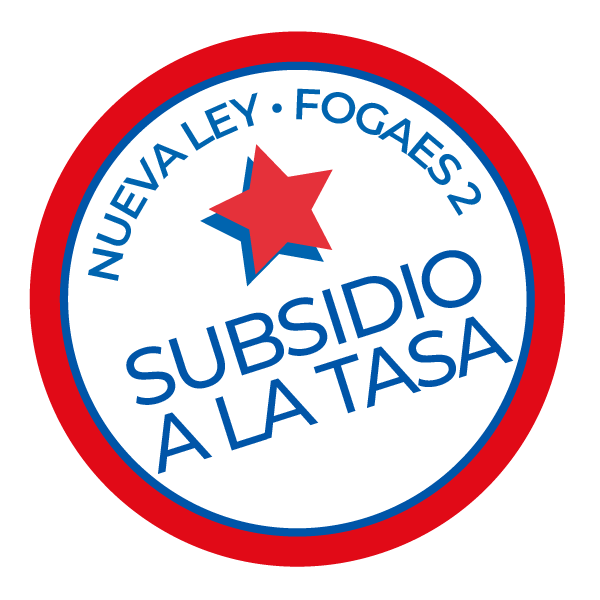 Sello circular con el texto "Subsidio a la tasa" y "Nueva ley · FOGAES 2", el beneficio que rebaja la tasa hipotecaria