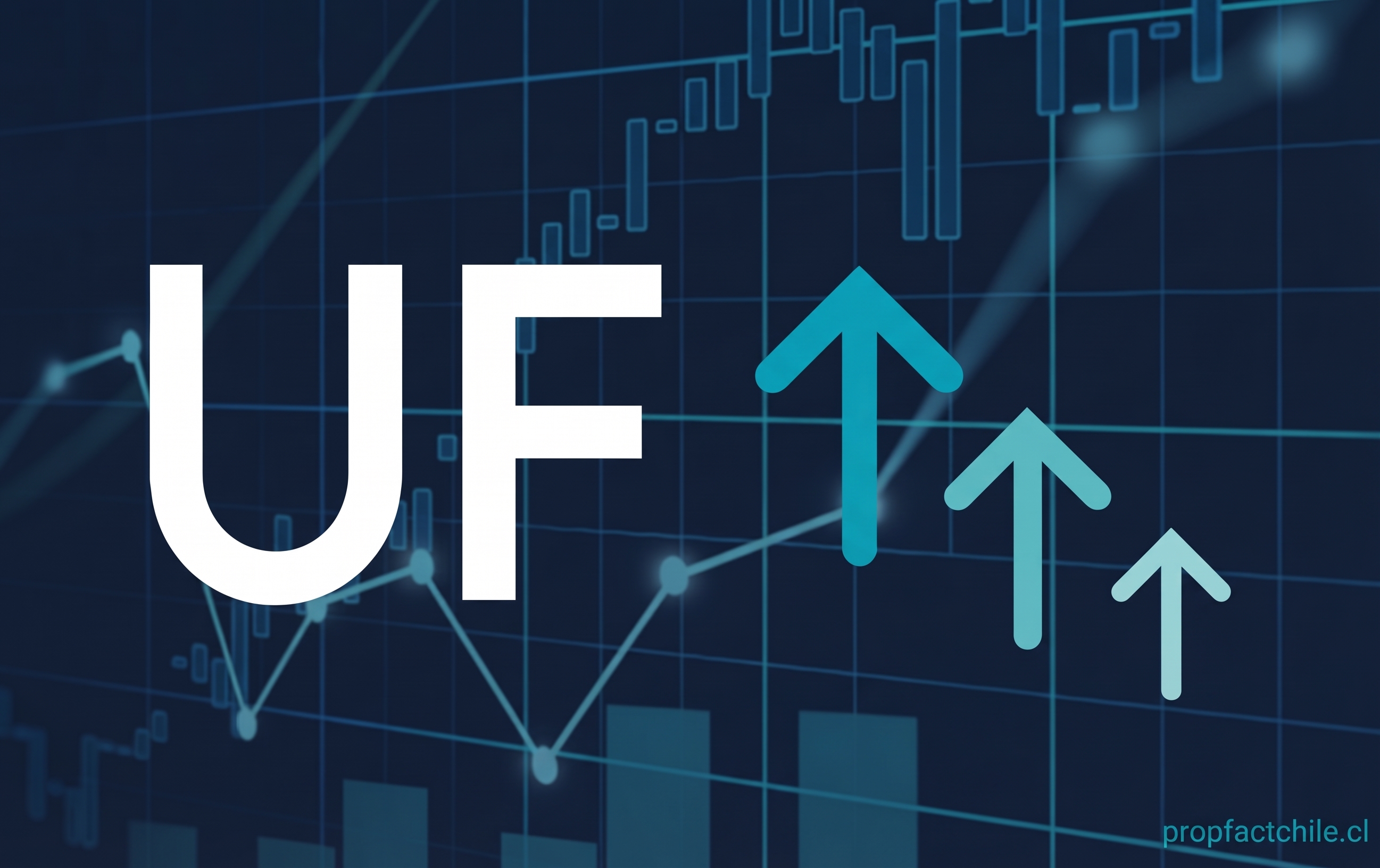 Letras UF sobre un gráfico financiero con flechas al alza, que representan el reajuste diario de la Unidad de Fomento